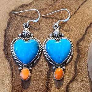 Navajo, Carol Wylie, Turquoise & Spiny Oyster Heart Earrings Made in New Mexico